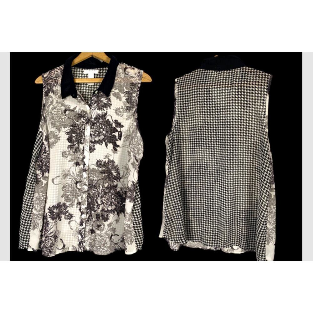 Toile Floral Top Size 1X Black White Houndstooth Back Tunic Chiffon Romantic
